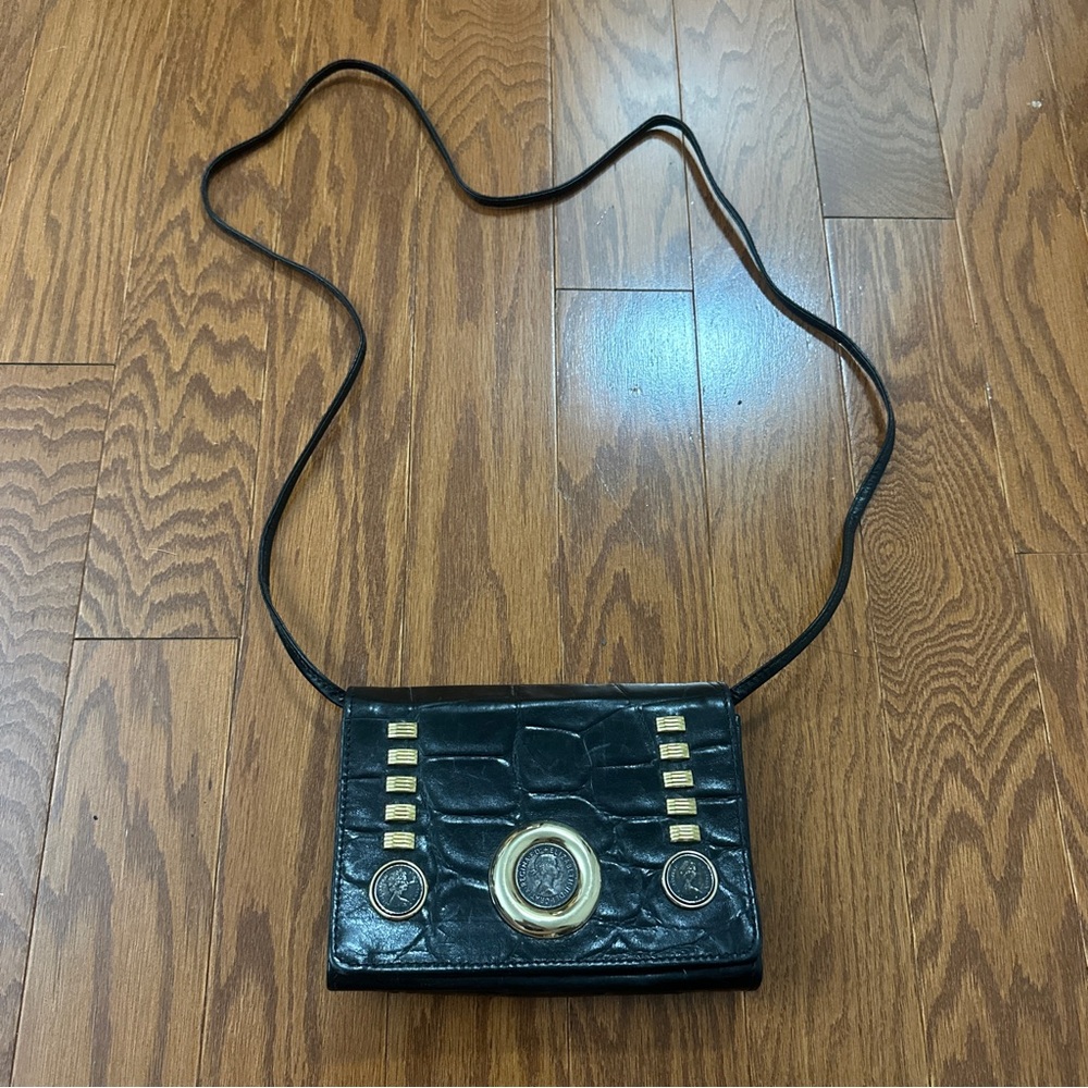 Jenny Tee Black Croc-Embossed Crossbody Bag with Gold Coin Accents